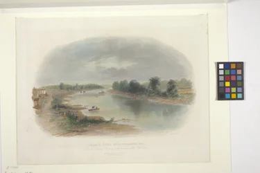 Řeka Wabash, poblíž Vincennes, Indiana (ručně kolorovaný lept)