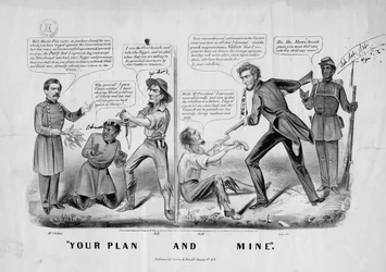 Váš plán a můj, publikoval Currier a Ives, New York, kolem roku 1864