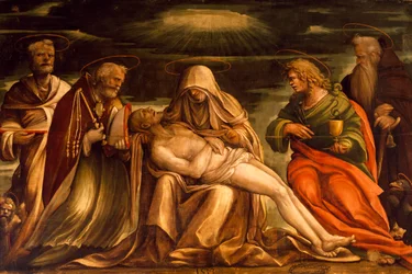 Pieta mezi svatými Markem, Ambrožem, Janem Evangelistou a Antoniem Abatem, Amico Aspertini (1474 nebo 1475-1552), tempera na plátně