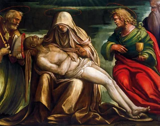 Pieta se sv. Markem, Ambrožem, Janem Evangelistou, sv. Antonínem opatem, od Amica Aspertiniho, kolem 1519, tempera na plátně