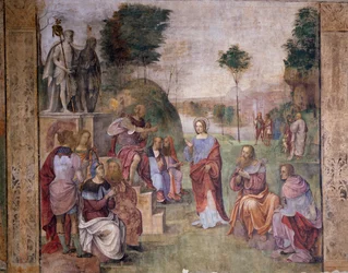 Santa Cecilian oikeudenkäynti (St Cecilia), noin 1506, kirjoittanut Amico Aspertini (1474 tai 1475-1552), fresko, Santa Cecilian oratorio (St Cecilia), Bologna, Emilia-Romagna. Italia