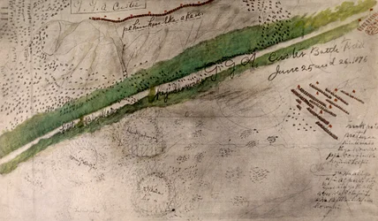 Topografická mapa bojiště u Little Big Hornu (uhlí a inkoust na papíře)