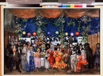 Karneval ve Španělsku (Karneval ve Španělsku). Obraz Anatolije Afanasjeviče Arapova (1876-1949). Olej na kartonu, 68,5 x 98,5 cm