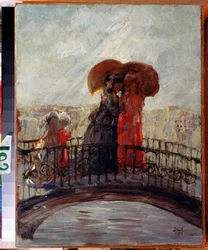 Pod deštěm (V dešti). Obraz Anatolije Afanasjeviče Arapova (1876-1949). Olej na plátně, 36 x 28 cm