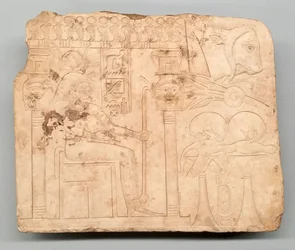 Umělcův zkušební kus: Hathor ve svatyni, obětiny, volská hlava