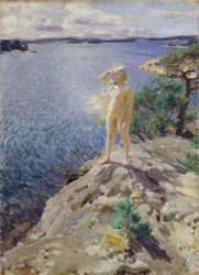 "Na skalách"" Nahá mladá žena skenující horizont na pobřeží - Malba Anderse Leonarda Zorna (1860-1920) 1894 Národní muzeum umění Oslo Norsko