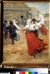 ""venkovská oslava (venkovská oslava) Selské páry tančí na vesnické slavnosti. Obraz Anders Leonard Zorn (1860-1920) Puškinovo muzeum výtvarných umění, Moskva