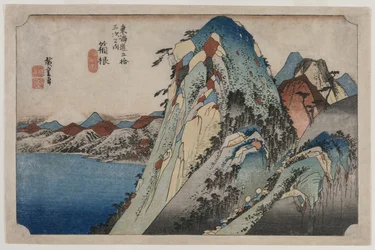 Obrázek jezera v Hakone ze série 53 stanic Tokaida, 1833.