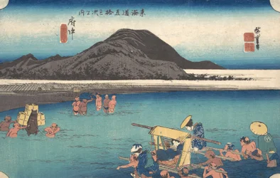 Cestovatelé brodící řeku Abe u Fuchu, ca. 1833-34, ca. 1833-34.