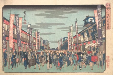 Pohled na divadla Kabuki v Sakai-cho v den zahájení nové sezóny Sakai-cho S..., ca. 1838.