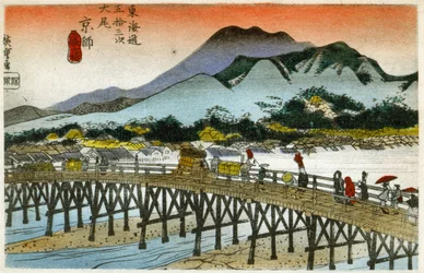 Geografie. Ranní záře na stanici Nihonbaši (55. stanice). Dřevoryt od Hirošigeho v: Tokaido (1833-1834). Pohlednice, Japonsko, kolem roku 1900 (pohlednice)