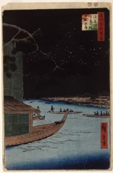 Řeka Asakusa: „Výsledek (Shubi) Pine“ a „Nalodění do stájí“ (barevný dřevotisk)