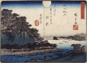 Podzimní měsíc nad Ishiyama (barevný dřevořez)