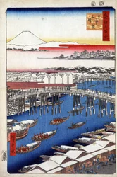 "Sto slavných pohledů na Edo"" (současné Tokio): Most Nihonbashi nebo Nihombashi, odklizený po sněžení. Pohled na město Tokio v Japonsku s horou Fuji v pozadí. (Clearing Weather after Snow at Nihon Bridge (Sto Famous Views of Edo).