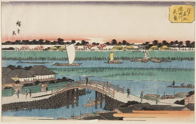 Třešňové květy v plném květu podél řeky Sumida (Sumidagawa hanazakari) (barevný dřevotisk)