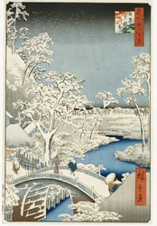 Drum Bridge a „Setting Sun“ Hill, Meguro, ze série „Sto pohledů na slavná místa v Edu“, vydané kolem roku 1858