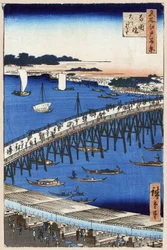 Japonský dřevotisk: Břehy řeky u mostu Ryogoku (Tokio, Japonsko). Série 100 slavných pohledů na Eda. (Břeh řeky u mostu Rjogoku. Sto slavných pohledů na Edo). Dílo Utagawy Hiroshige (1797-1858), dřevoryt