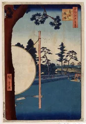 Japonský tisk: Hipodrom v Takata (Tokio, Japonsko). (Seriál 100 slavných pohledů na Eda). (Koňská dráha v Takata. Sto slavných pohledů na Edo). Dílo Utagawy Hiroshige (1797-1858), dřevoryt