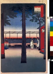 Japonský dřevotisk: svítání v chrámu Kanda Myojin (Tokio, Japonsko). Série 100 slavných pohledů na Eda. (Úsvit ve svatyni Kanda Myojin, Sto slavných pohledů na Edo). Dílo Utagawy Hiroshige (1797-1858), dřevoryt (39x26 cm)