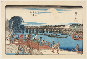 Ohňostroj na mostě Rygoku (Rygoku hanabi) (barevný dřevořez)