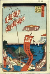 Le pont Kanasugi et Shibaura (cent vues celebres de Edo) - Oeuvre de Utagawa Hiroshige (1797-1858), estampe japonská, vers 1858 - (Kanasugi Bridge a Shibaura - (Sto slavných pohledů na Edo), barevný dřevoryt Hiroshige Utagawa, cca 1858) Státní poustevník