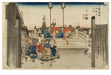 Nihonbashi: Ranní pohled ze série Padesát tři stanic Tokaida, kolem 1831-1834 (dřevořez na papíře)