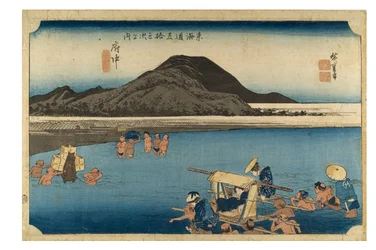 č. 20 Fuchu - řeka Abe, období Edo, asi 1833-34 (dřevoryt na papíře)