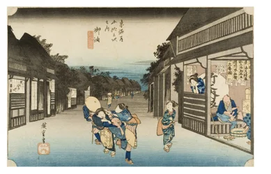 Č. 36 Goyu - Číšnice obtěžující pocestné, období Edo, asi 1833-34 (dřevoryt na papíře)