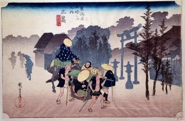53 tokaidských štafet (Kyoto-Tokio Road): Cestovatelé mlátí před chrámem Shiuto. Japonský tisk Utagawy Hiroshige (1797-1858) 19. století. Paříž, B.N.