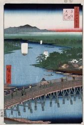 Velký most Senju přes řeku Sumidu s horami v pozadí, dřevoryt Ando Hiroshige