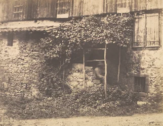 [Rustikální budova s mužem pod Trellis], ca. 1853.