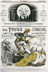 Karikatura „Thugs“, kult cizinců, ctitelů Kali vyhlazených britskými osadníky. Cartoon by Gill, v "The Moon", 2. září