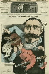 Kreslený „“ husar pronásleduje (tím, že si Marianne dělá nos), Monsieur de Saint-Genest (Saint Genest). Obálka v „“The Eclipse““ od Gilla, 29. listopadu