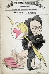 Jules Verne štípající zemi do svého pera – od Gilla, v „The men of today““