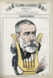Portrét Augusta Emmanuela Vaucorbeila (1821-1884), francouzského skladatele a ředitele pařížské opery. Cartoon od Gill, Paříž.
