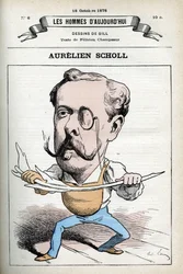 Portrét Aureliena Scholla (1833-1902), francouzského novináře, spisovatele a komika. Cartoon od Gill, Paříž.