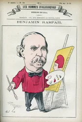 Portrét Benjamina Raspaila (1823-1899), francouzského malíře a politika, který inicioval zákon, jímž se 14. červenec stal státním svátkem. Karikatura od Gilla, Paříž.