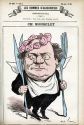 Portrét Charlese Monseleta (1825-1888), francouzského básníka, novináře, prozaika a gastronoma. Cartoon od Gill, v "Les Homme d