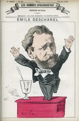 Portrét Emila Deschanela (1819-1904), francouzského spisovatele a politika a otce Paula Deschanela (1855-1922), prezidenta Francouzské republiky v roce 1920. Cartoon by Gill, Paris.