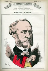 Portrét Ernesta Hamela (1826-1898), francouzského právníka a politika. Cartoon od Gill, v "Les Homme d