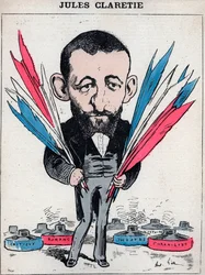 Portrét Julese Claretie (1840-1913), francouzský romanopisec, dramatik a kritik - Karikatura Andre Gill, v „Les Hommes d