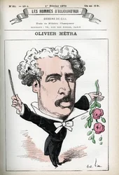 Portrét Oliviera Metra (1830-1889), francouzského herce, populárního skladatele. Cartoon od Gill, v "Les Homme d