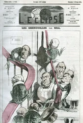 Žáby, karikatura politiků ve vládě prezidenta Thierse v žábách. Obálka “”L