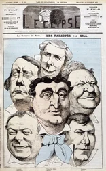 Portréty divadelních autorů Léonce, Berthelier, Poppy Cadet, Dupuis, Pradeau a Baron. Cartoon by Gill v “” L