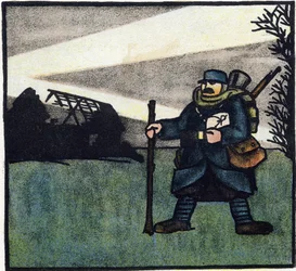 První světová válka 1914-1918 (14-18): Chlupatý. Portrét vojáka francouzské armády ve vojenské uniformě s batohem, brašnou a puškou. Rytina v "Abecedě Velké války 1914-1916 (pro děti našich vojáků)". Editions Berger-Levrault