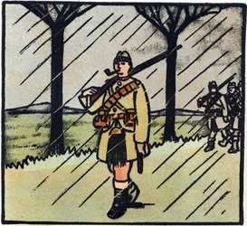 První světová válka 1914-1918 (14-18): Highlander. Vojáci ze Skotska přišli na pomoc francouzské armádě. Jejich vojenská uniforma se skládá z jednoho kiltu. Rytina v "Abecedě Velké války 1914-1916 (pro děti našich vojáků)". Edice Berger-L