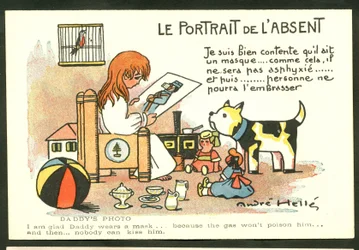 Pohlednice, barevná satirická: Portrét nepřítomného - Válka 14-18 let, ilustrace z dětství, Andre Helle (1875-1945)