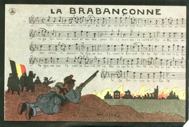 Barevná satirická pohlednice, kolem roku 1915: Ilustrace Andre Helle (1875-1945), 1915, La brabanconne - War of 14 -18, Belgie, Chant - Soldiers (Vojáci)