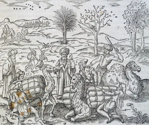 Arabští obchodníci v Sýrii, rytina z vesmírné kosmologie, Andre Thevet (1504-1592)