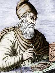 Archimede (287-212 avJC), řecký sicilský fyzik a matematik, rytina kolorovaného dokumentu